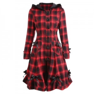 Plaid Hooded Button Up Skirted Coat