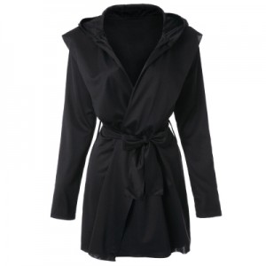 Long Sleeves Solid Color Belt Hooded Trench Coat For Women